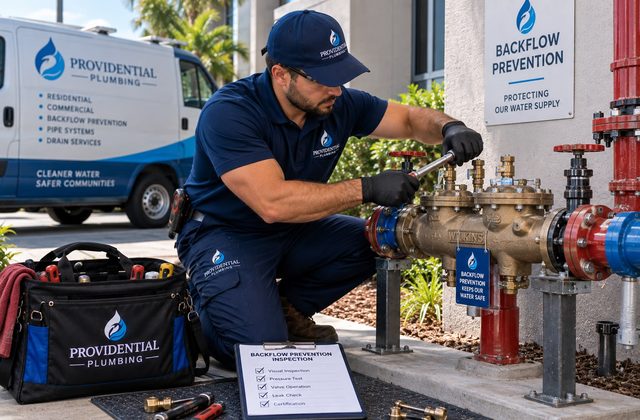 Providential Plumbing technician testing a backflow prevention assembly