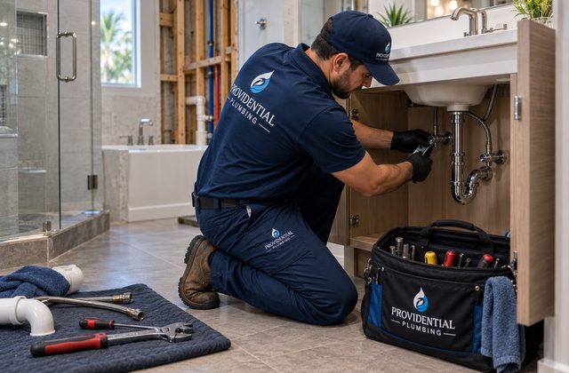 Providential Plumbing technician servicing a bathroom vanity sink