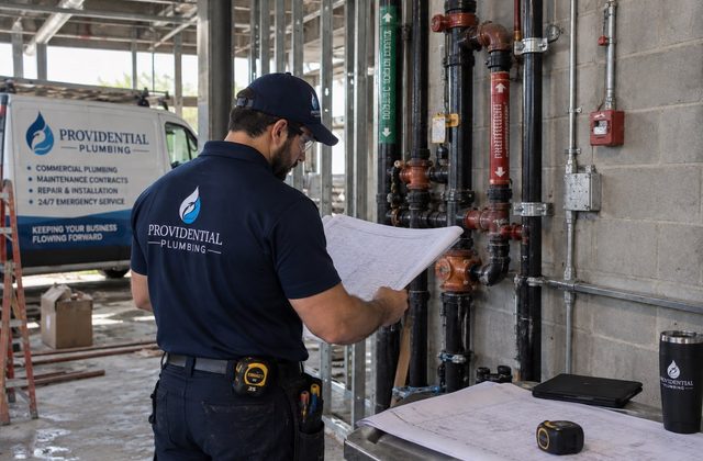 Providential Plumbing technician reviewing plans against commercial pipe risers