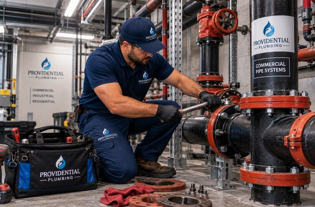 Providential Plumbing technician on a commercial pipe system