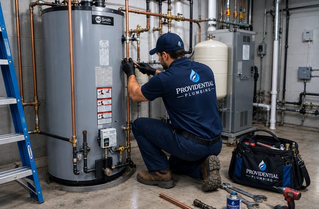 Providential Plumbing technician servicing a commercial water heater