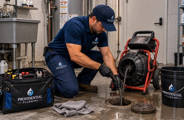 Providential Plumbing technician clearing a drain with a cable machine
