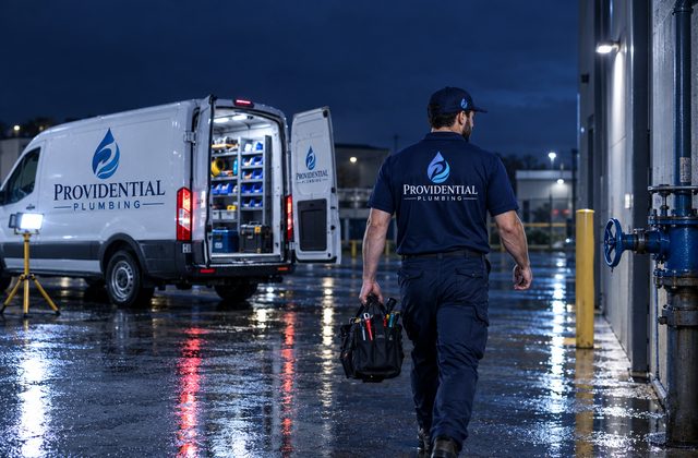 Providential Plumbing technician responding to an after-hours emergency call