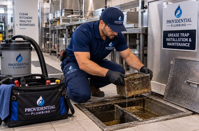 Providential Plumbing technician servicing a commercial kitchen grease trap