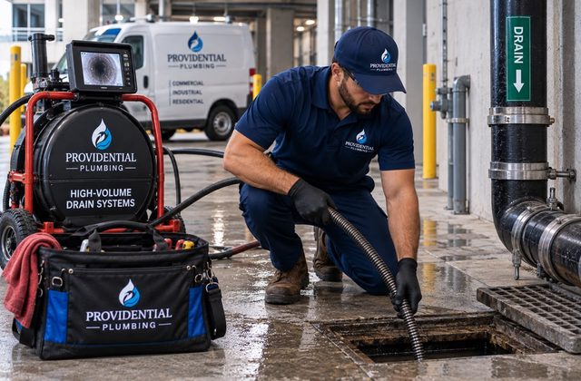 Providential Plumbing technician servicing a high-volume commercial drain