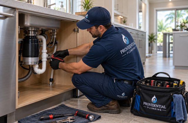 Providential Plumbing technician working under a kitchen sink