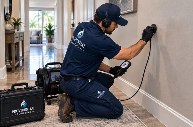 Providential Plumbing technician using acoustic leak detection equipment