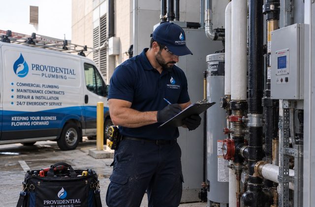Providential Plumbing technician on a scheduled commercial maintenance visit