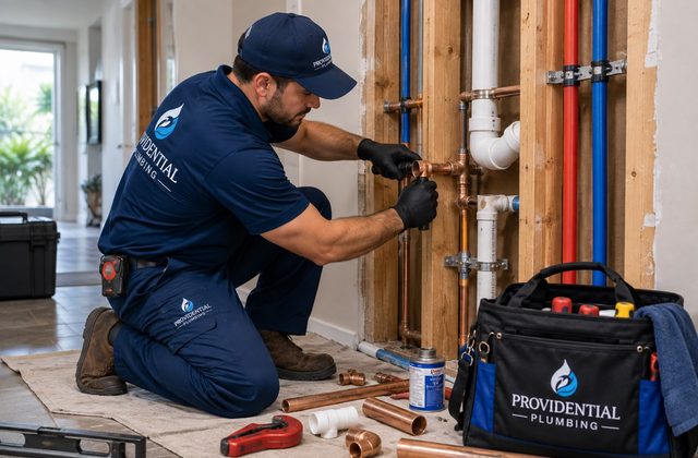 Providential Plumbing technician repiping copper lines in a wall