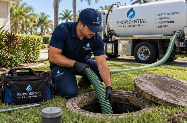 Providential Plumbing technician pumping a residential septic tank