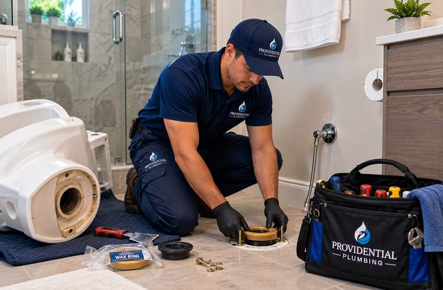 Providential Plumbing technician installing a toilet with a new wax ring