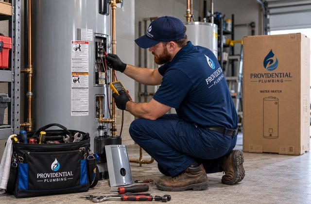 Providential Plumbing technician testing a residential water heater